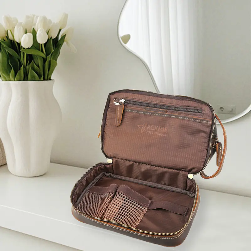 Wholesale Double Layer Leather Toiletry Bag Makeup Bag Manufacturers, Factory