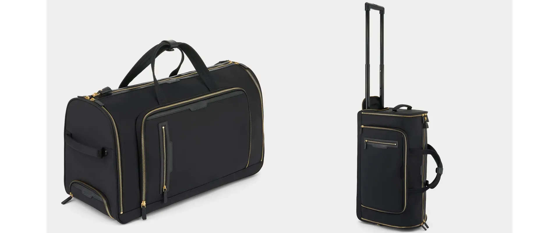 Leather luggage duffel bag unzipped and hanging in a room
