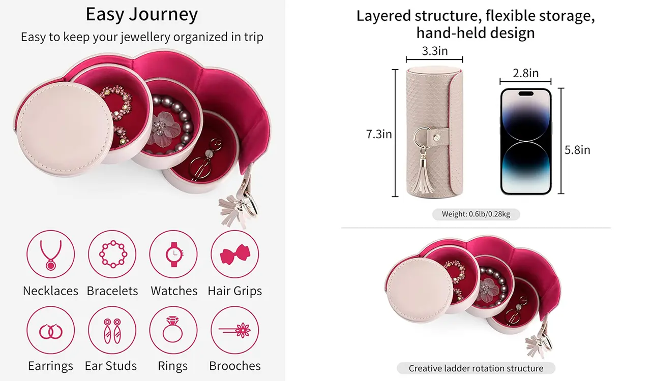 Portable jewelry travel organizer dimensions and layers