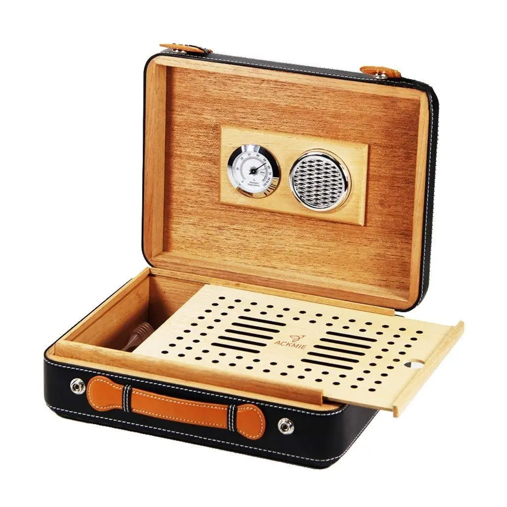 Wholesale Vintage Black Leather Cigar Humidor Cedar Wood Cigar Case Manufacturer, Factory