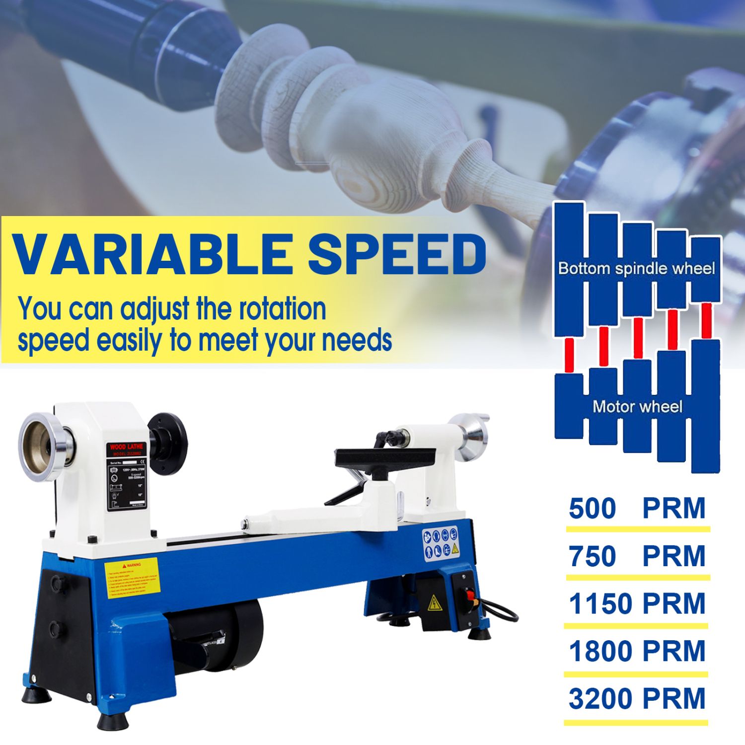 10\" X 18\" Benchtop Multifunctional Power Wood Lathe 5 Variable Speeds 500/750/1150/1800/3200RPM Mini Wood Turning Machine for