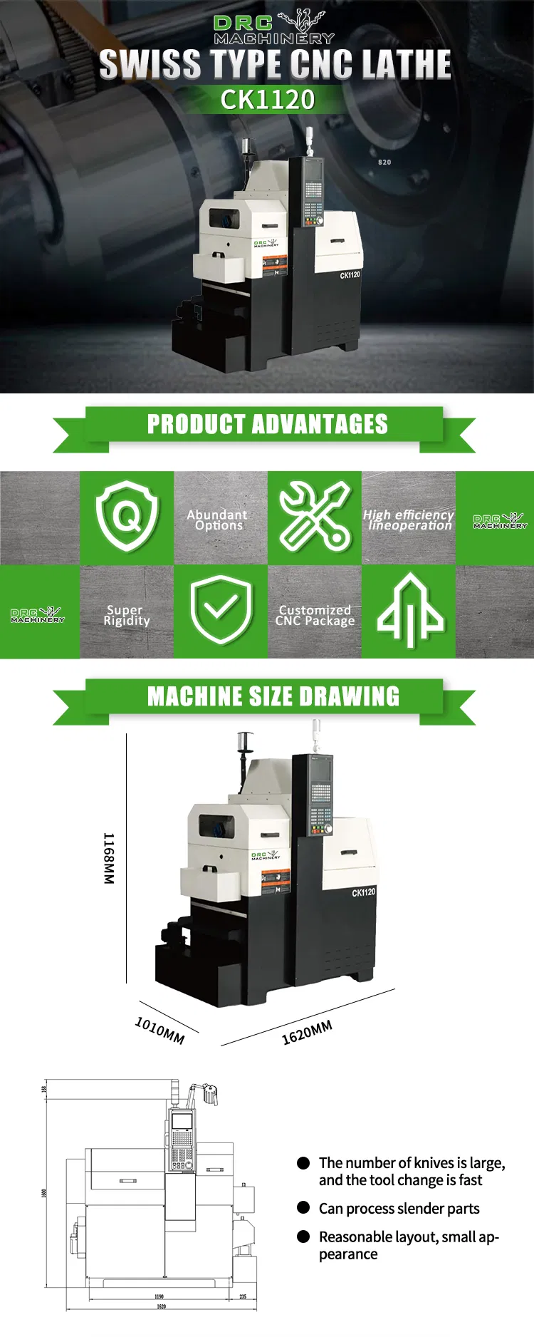 High Precision 2 Spindle Ck1120 Swiss Type CNC Lathe for Metal Cutting
