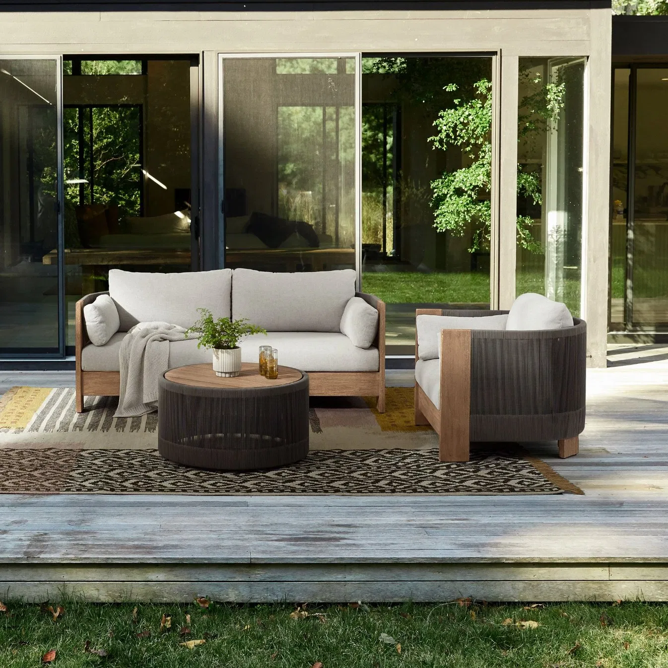 Patio Garden Wooden Sofa Sets Rope Weave Teak Couch Outdoor Furniture