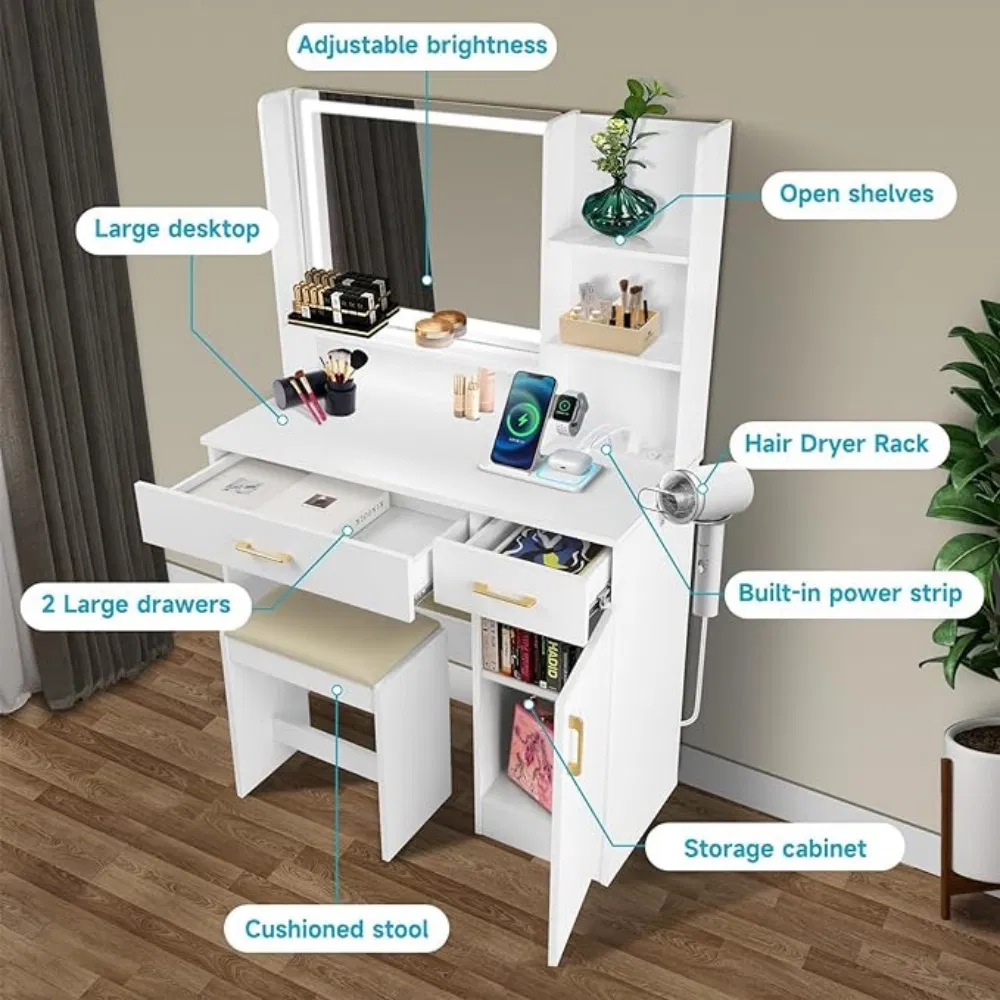 Wholesale Price Modern Vanity Set with LED Mirror and Stool, Suitable for Women Wooden Dressing Table