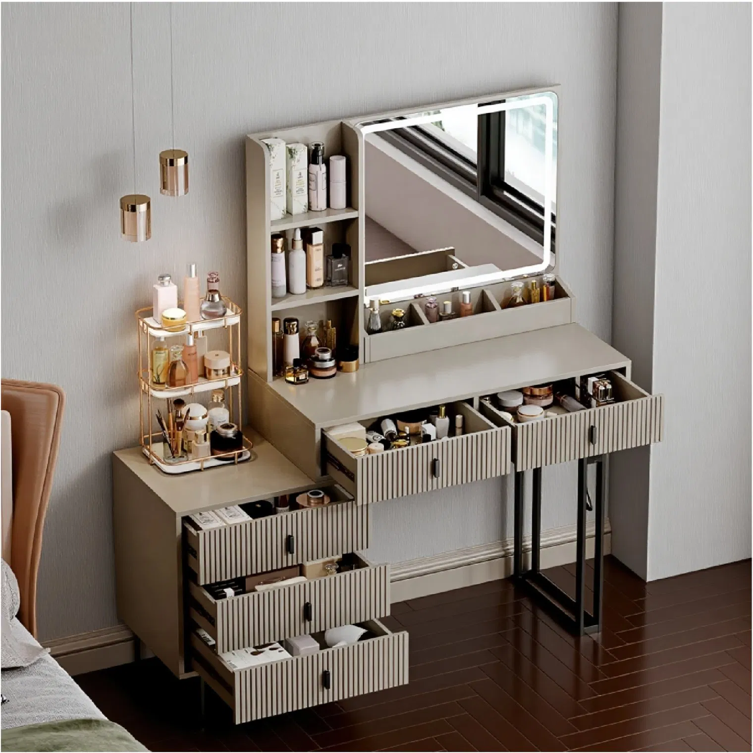 Luxury Bedroom Vanity Table &amp; Makeup Table with Makeup Mirror Dressing Table Dresser Large Mirror LED Light with Adjustable Brightness