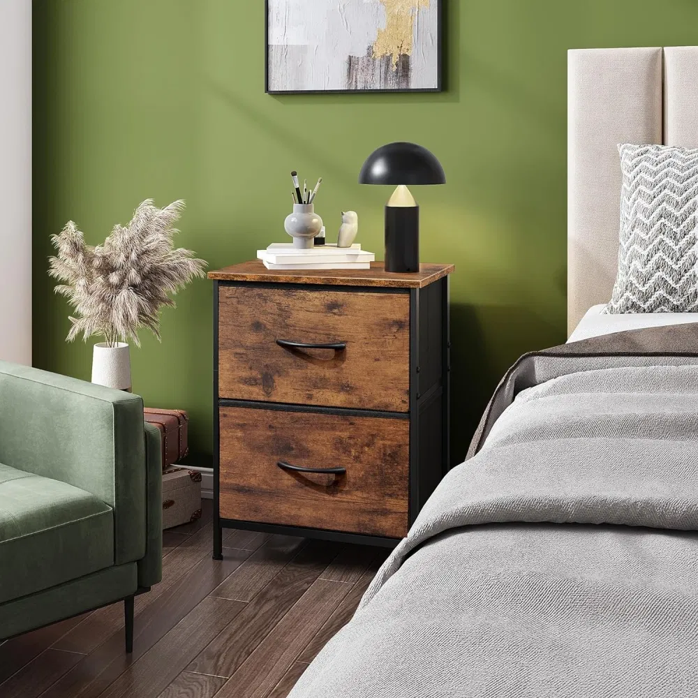 Antique Designer Nightstand Bedside Table Sturdy Steel Wood Panel Bedroom Furniture Living Room Hotel