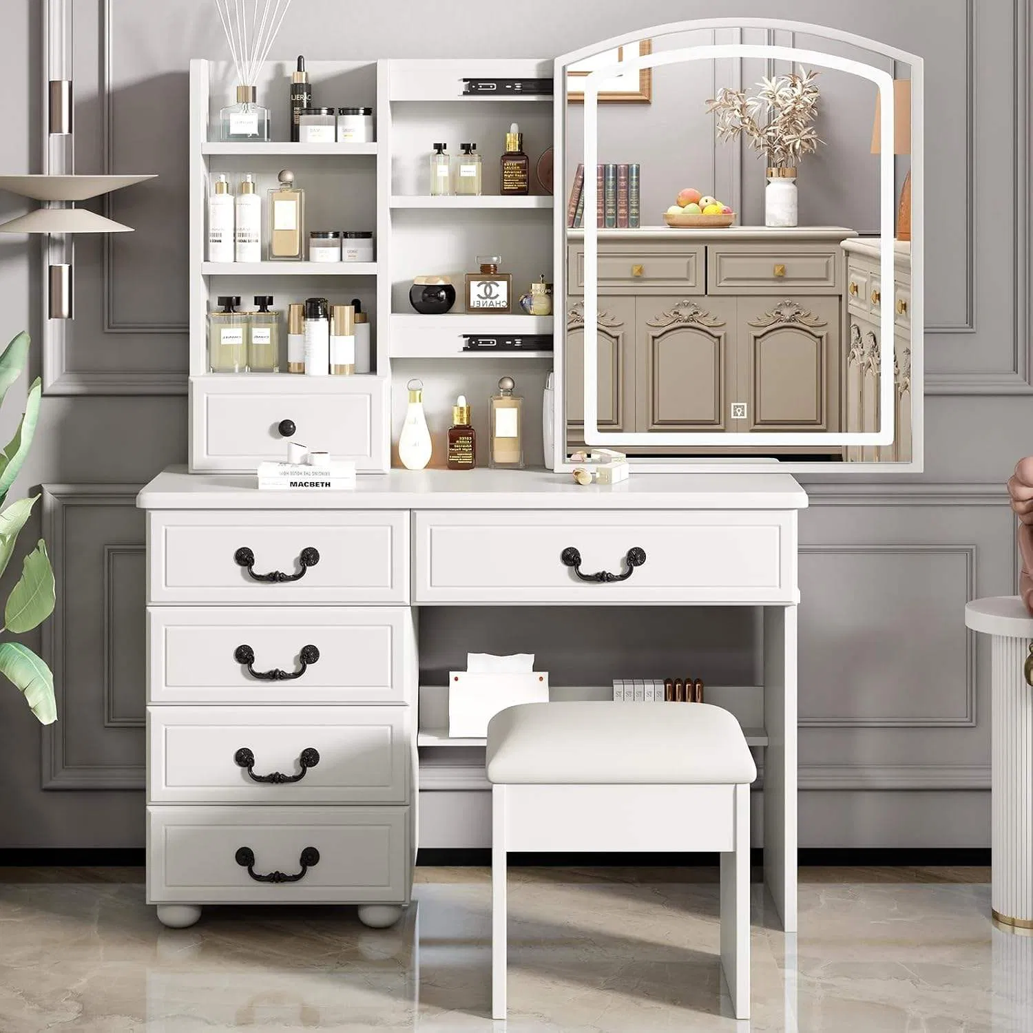 Modern Luxury Wooden Vanity Set-Wooden Dressing Table with LED Illuminated Mirror