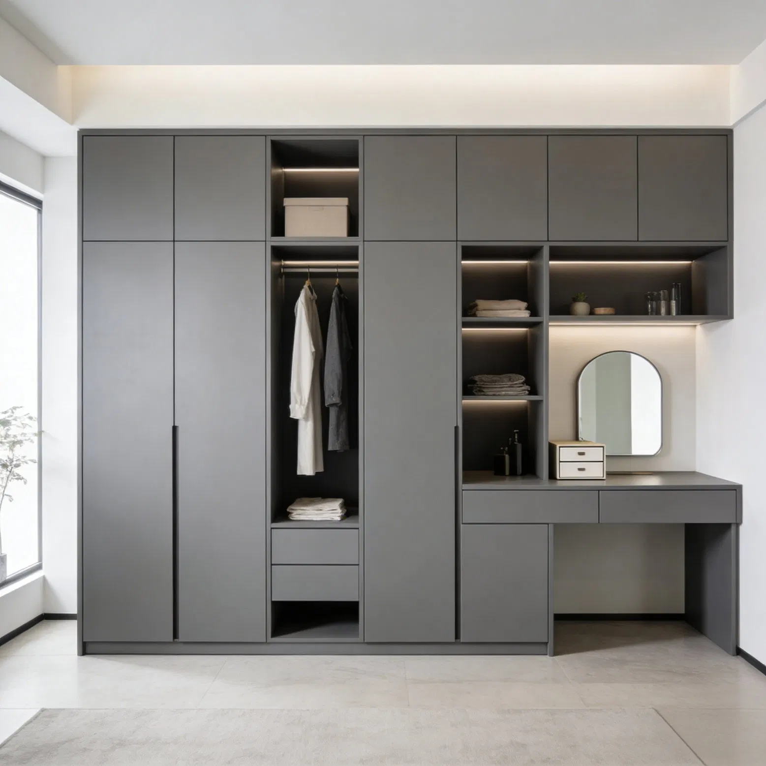 Modern Grey Wooden Home Furniture Mirrored Swing Door Armoire Bedroom Wardrobe