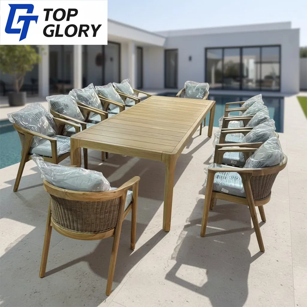Tg Customized Solid Teak Wooden or Aluminum Weather Resistant Outdoor Dining Set Gardens Foshan Patio Furniture for 6-12 Hotel Villa Park Courtyard