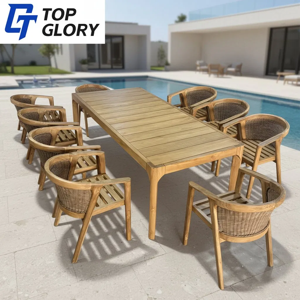 Tg Customized Solid Teak Wooden or Aluminum Weather Resistant Outdoor Dining Set Gardens Foshan Patio Furniture for 6-12 Hotel Villa Park Courtyard