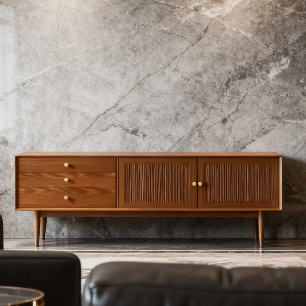 Modern MID-Century Living Room TV Stand Entertainment Center with Metal Knobs Grooved Doors