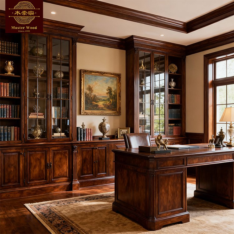 Custom Vintage Solid Wooden Full-Wall Book Cabinet Glass Door, Open Shelves &amp; Closed Cabinet Dust-Proof Display for Home Library &amp; Executive Office - Bookcase