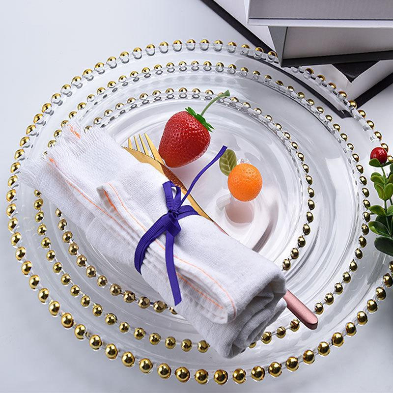 13inch Round Glass Charger Plates with Gold Accents for Wedding Party Home