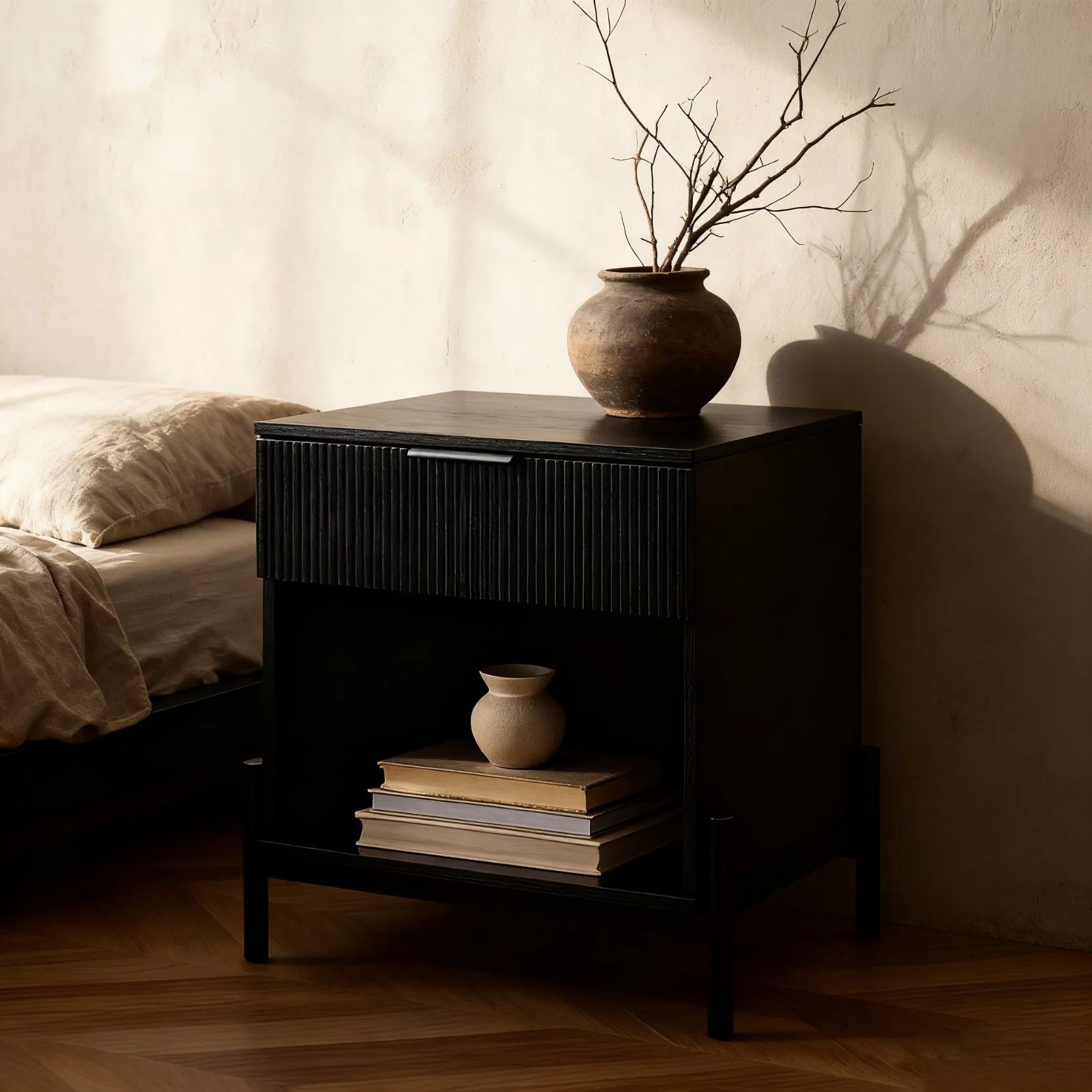 Black Elegant Design Wooden Solid Bedroom Nightstand