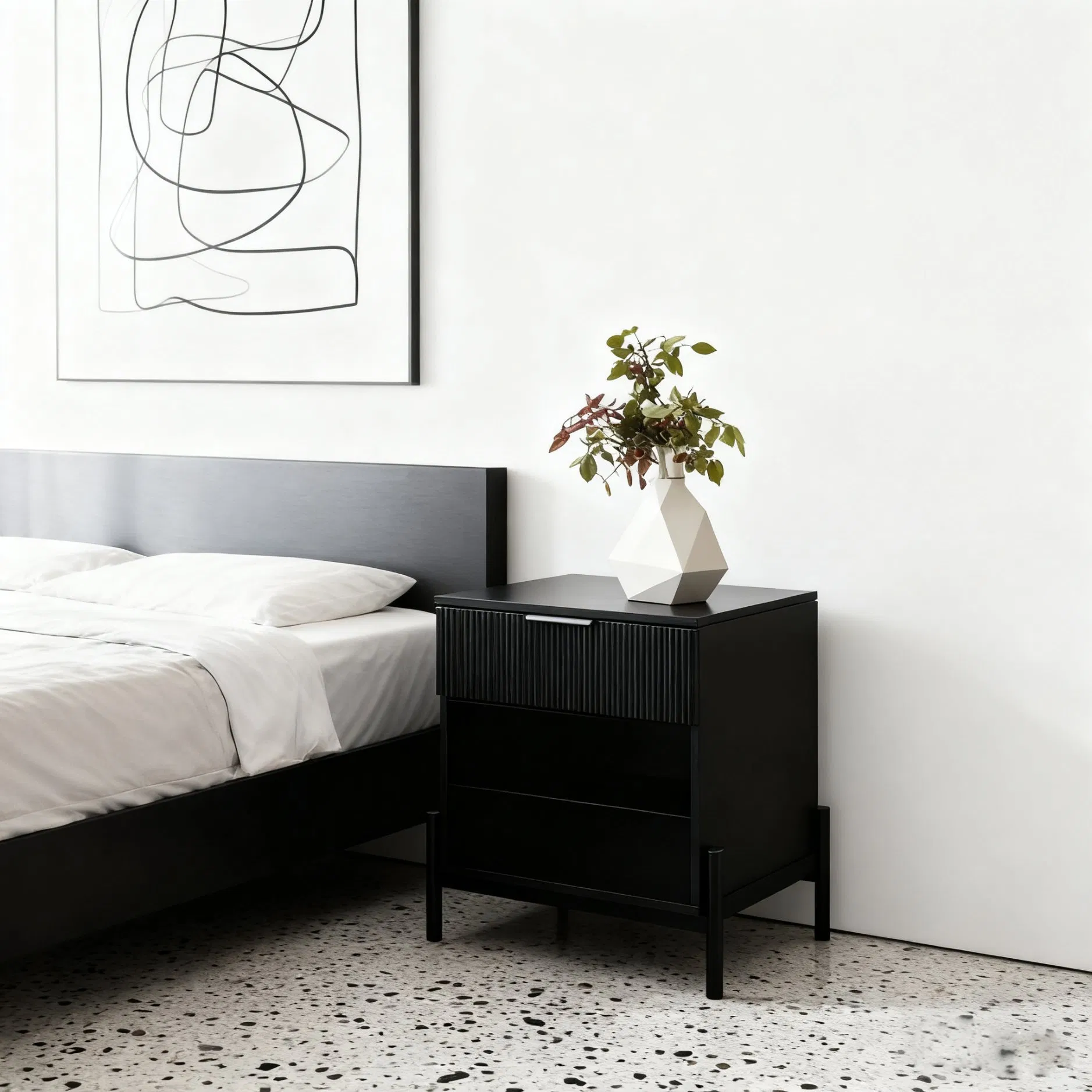 Black Elegant Design Wooden Solid Bedroom Nightstand