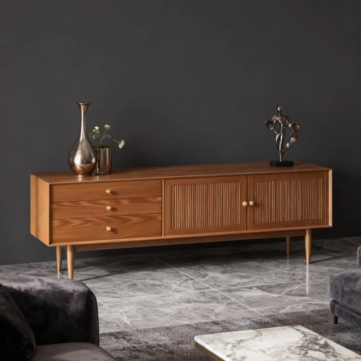 Modern MID-Century Living Room TV Stand Entertainment Center with Metal Knobs Grooved Doors