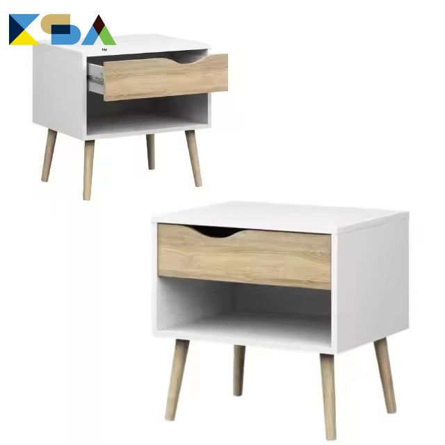 Decorative White Leather 1 Drawer Nightstand with Wooden Legs