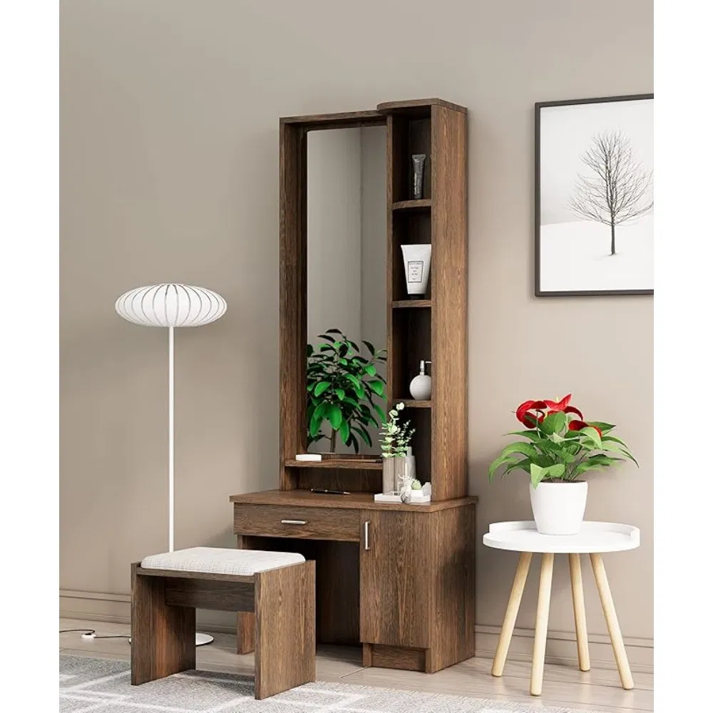 Sturdy, Durable, Stylish and Moisture-Resistant High-Quality Wooden Dressing Table with Full-Length Mirror and Stool