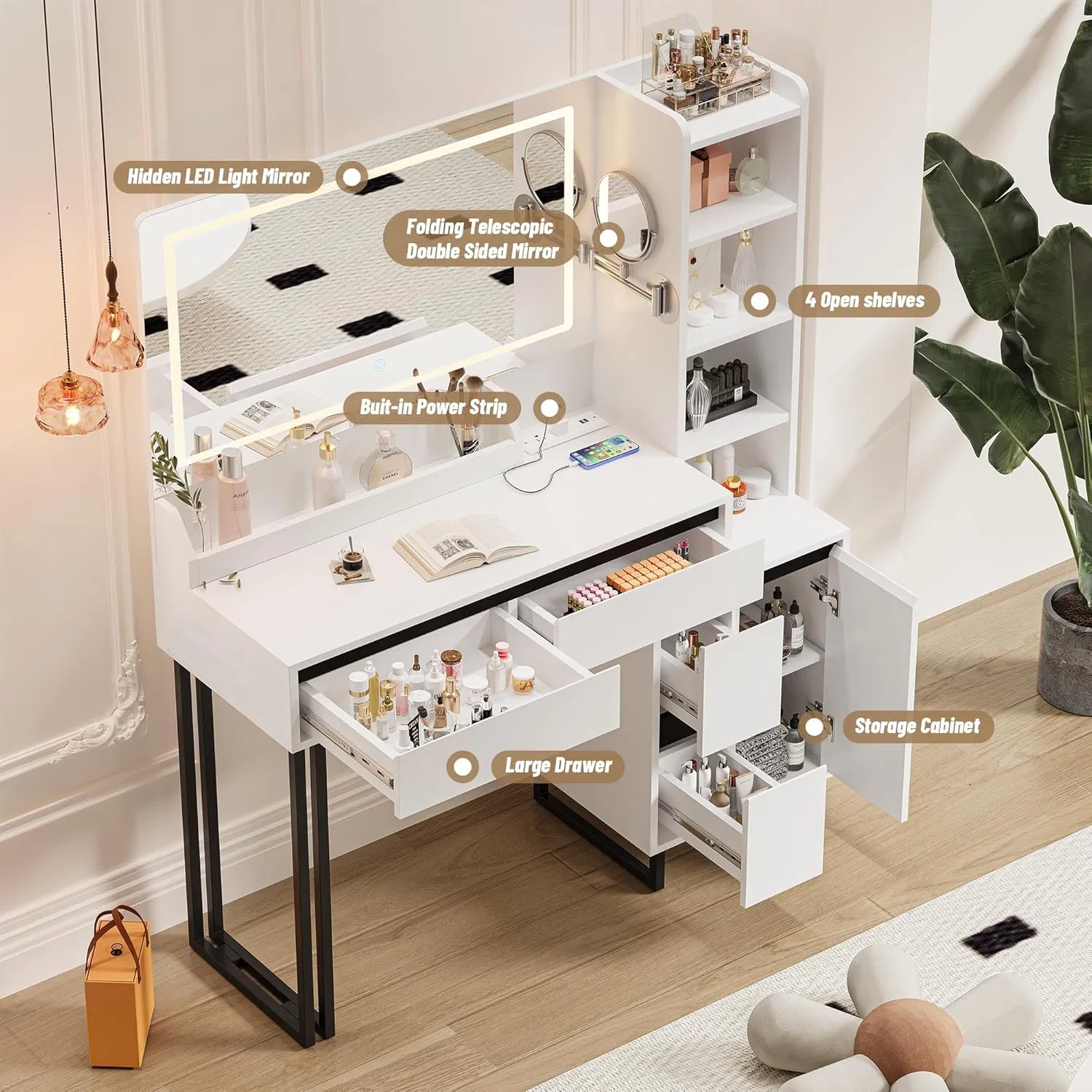 Modern White Dresser Dressing Table with Ample Storage Space