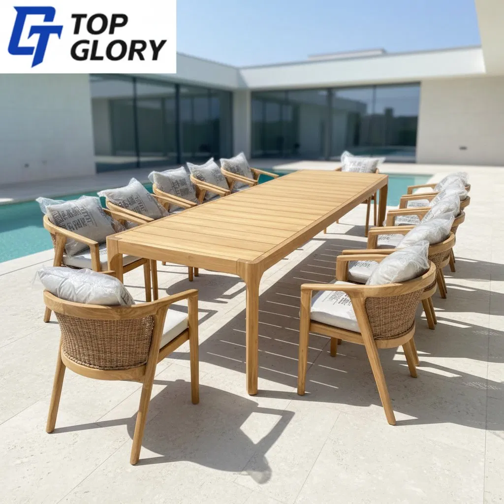 Tg Customized Solid Teak Wooden or Aluminum Weather Resistant Outdoor Dining Set Gardens Foshan Patio Furniture for 6-12 Hotel Villa Park Courtyard