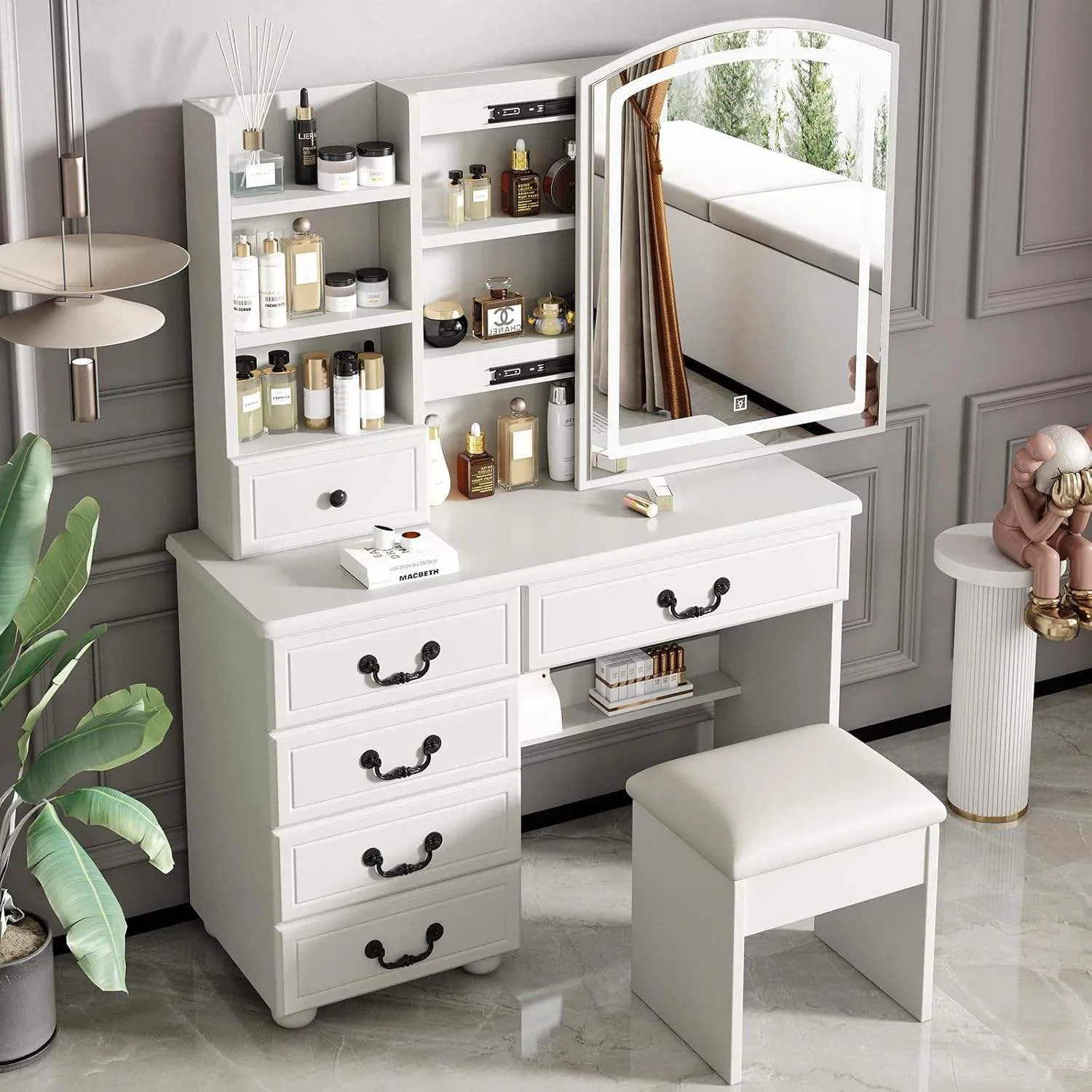 Modern Luxury Wooden Vanity Set-Wooden Dressing Table with LED Illuminated Mirror