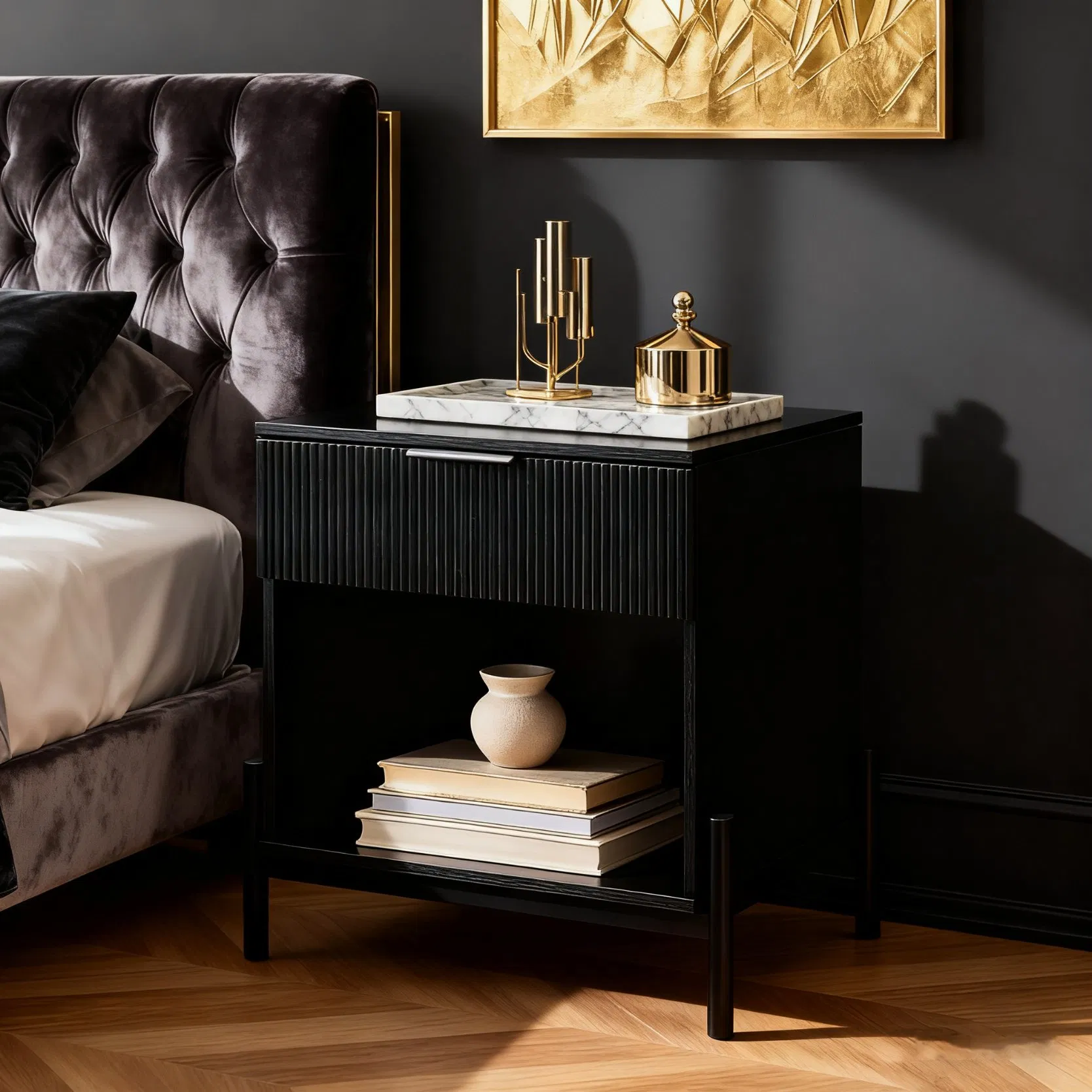 Black Elegant Design Wooden Solid Bedroom Nightstand