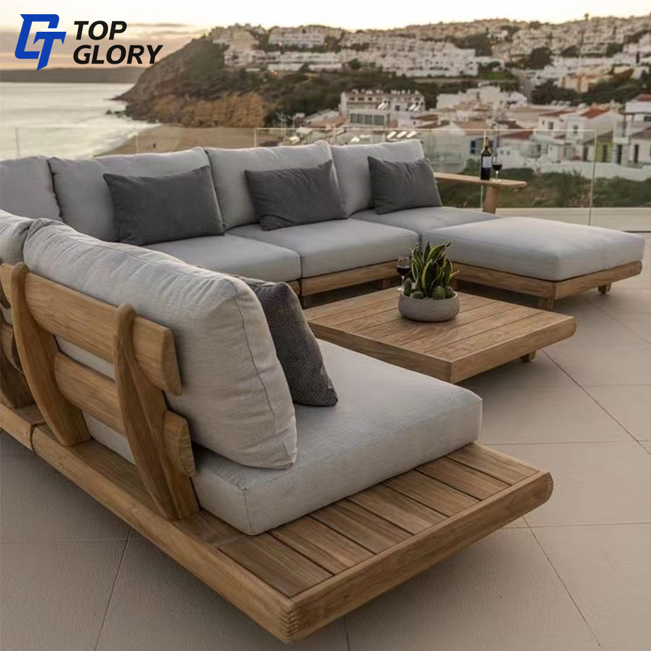 Tg Modern Waterproof Teak Wood Outdoor Furniture Living Room Balcony Garden Patio Hotel Sectional Sofa with Cushions
