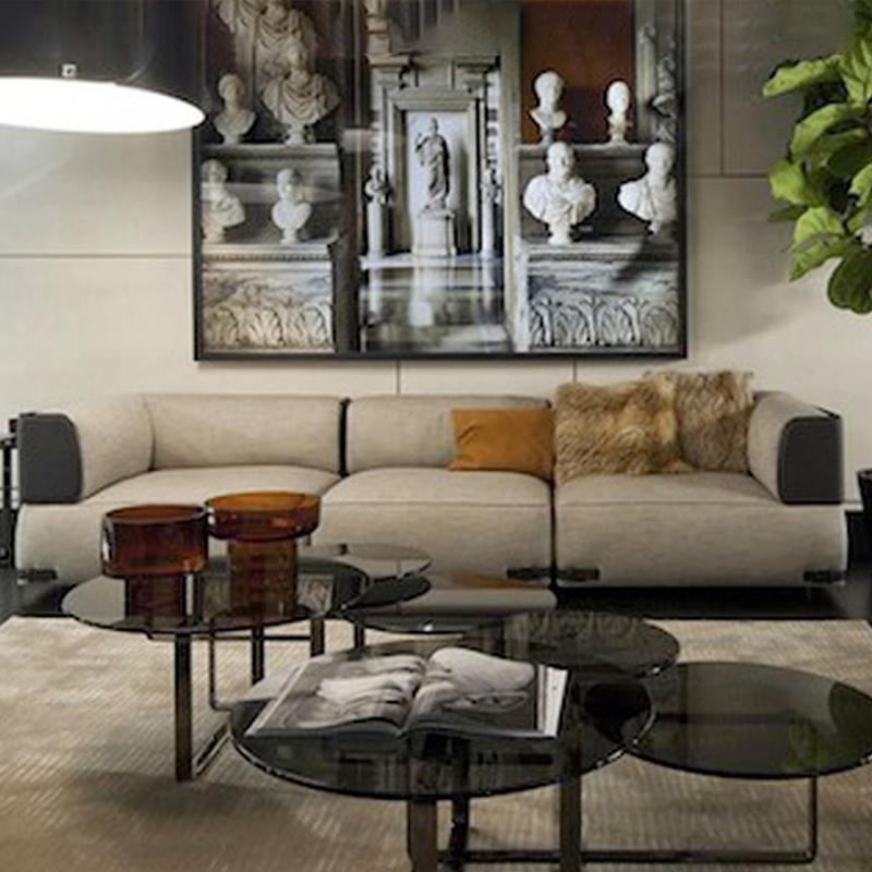 Panoramic Biophilic Low-Profile Chaise Sectional Natural Beige Fabric Taupe Accents Resort-Inspired Villas Sofa