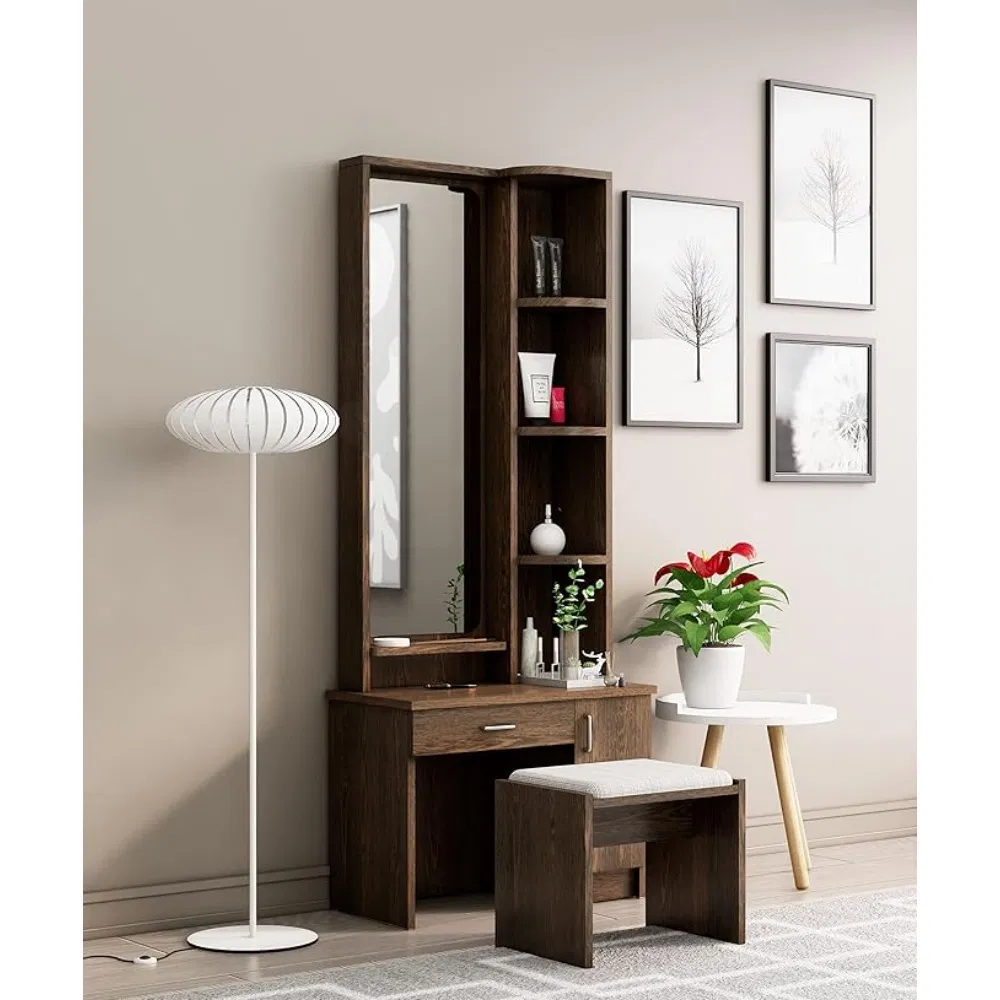 Sturdy, Durable, Stylish and Moisture-Resistant High-Quality Wooden Dressing Table with Full-Length Mirror and Stool