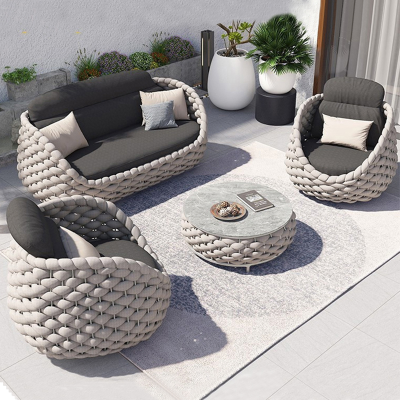 Outdoor Sofa Set Aluminum Frame Patio Couch with Sun Umbrella Woven Rope Garden Furniture