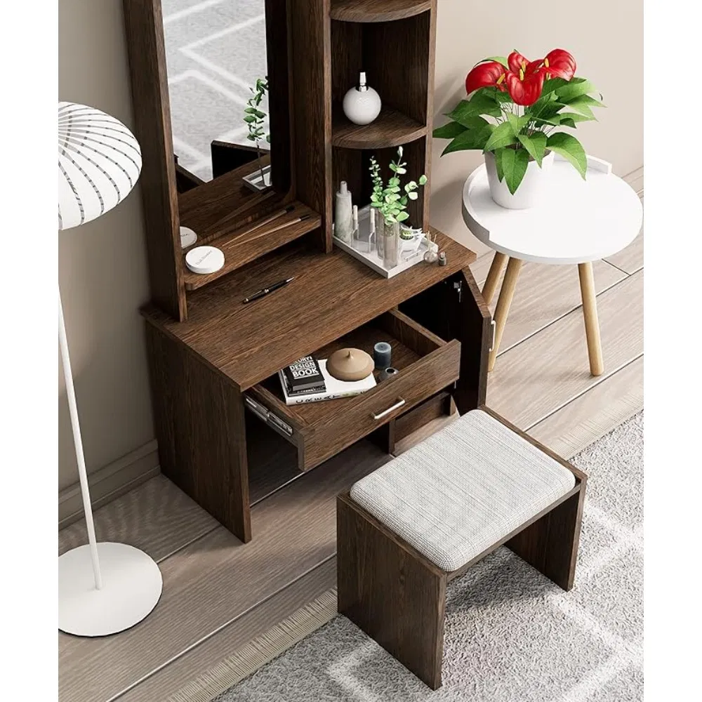 Sturdy, Durable, Stylish and Moisture-Resistant High-Quality Wooden Dressing Table with Full-Length Mirror and Stool