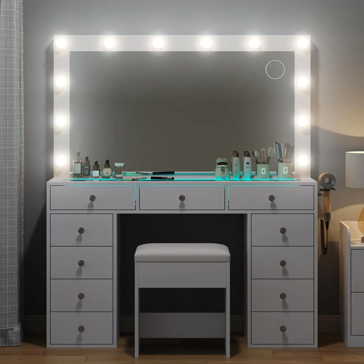 Modern White 11 Drawers RGB Lighting Glass Top Large Storage Makeup Vanity Dressing Table