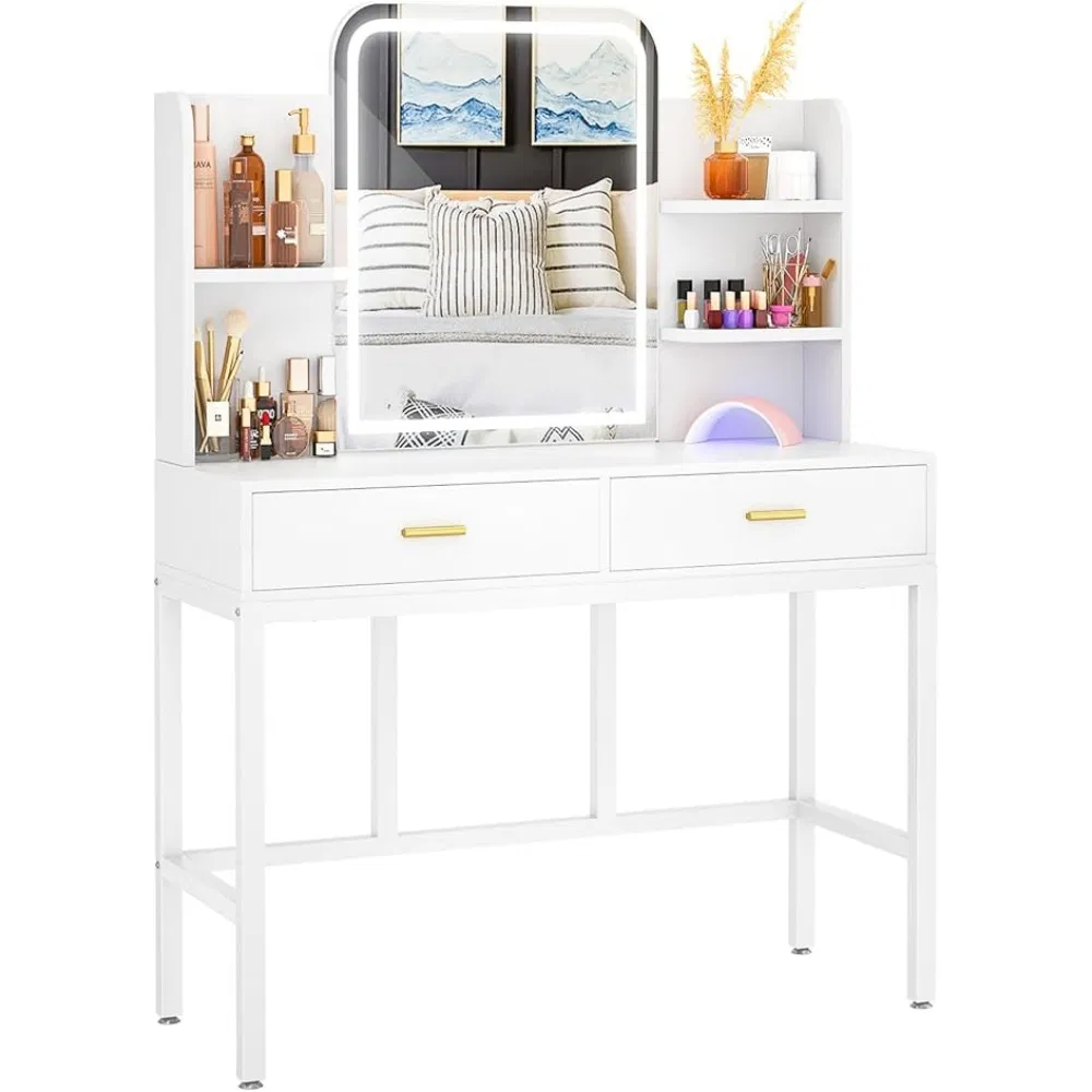 Simple Design Wood Dressing Table with Mirror and Padded Makeup Stool