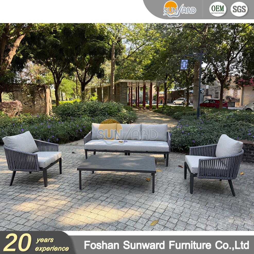 Foshan Factory Wholesale Home Patio Garden Couch Set Wooden Aluminum Outdoor Furniture Hotel Waterproof Luxury Rope Sofa