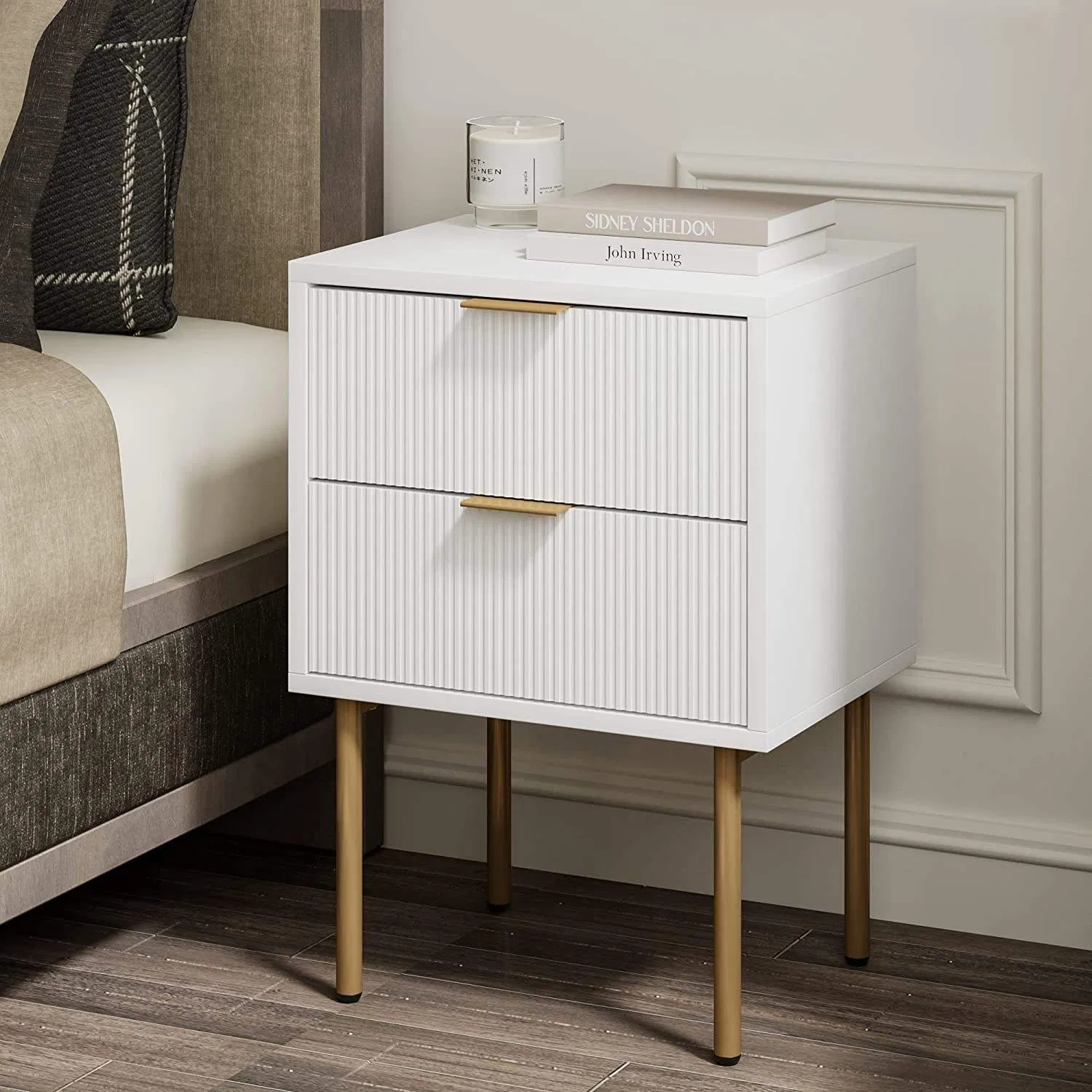 Modern Nightstand with USB Charging, 2-Tier Bedside Table with Drawer for Bedroom
