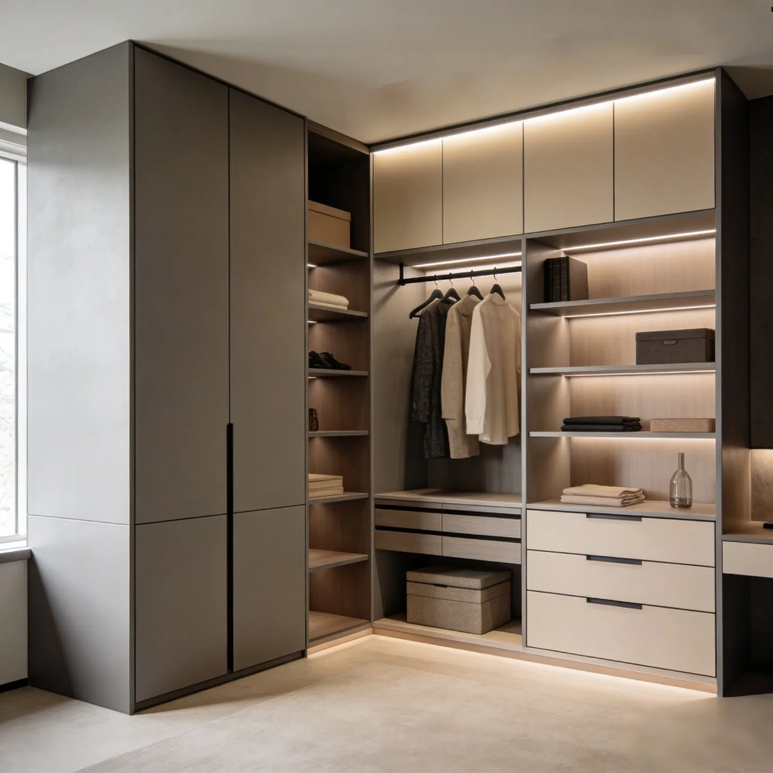 Modern Grey Wooden Home Furniture Mirrored Swing Door Armoire Bedroom Wardrobe