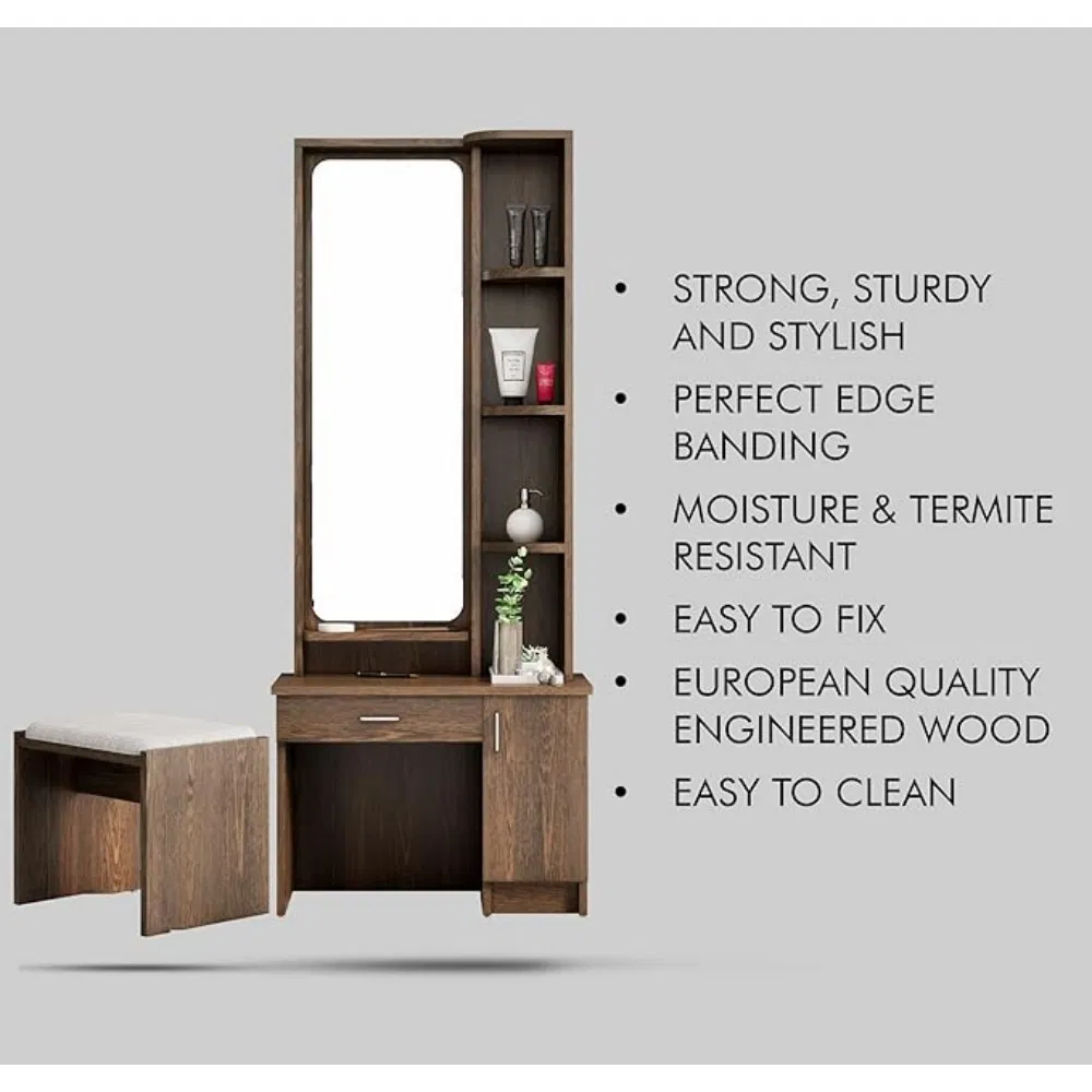 Sturdy, Durable, Stylish and Moisture-Resistant High-Quality Wooden Dressing Table with Full-Length Mirror and Stool
