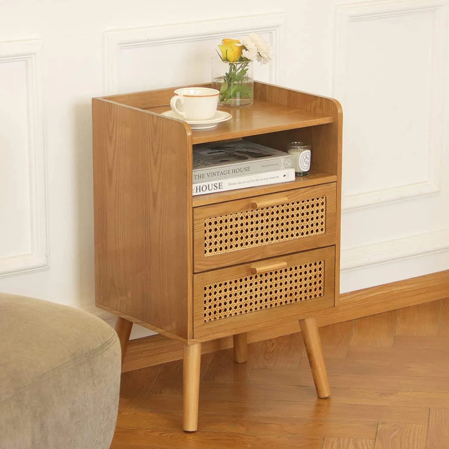 Modern Nightstand with USB Charging, 2-Tier Bedside Table with Drawer for Bedroom