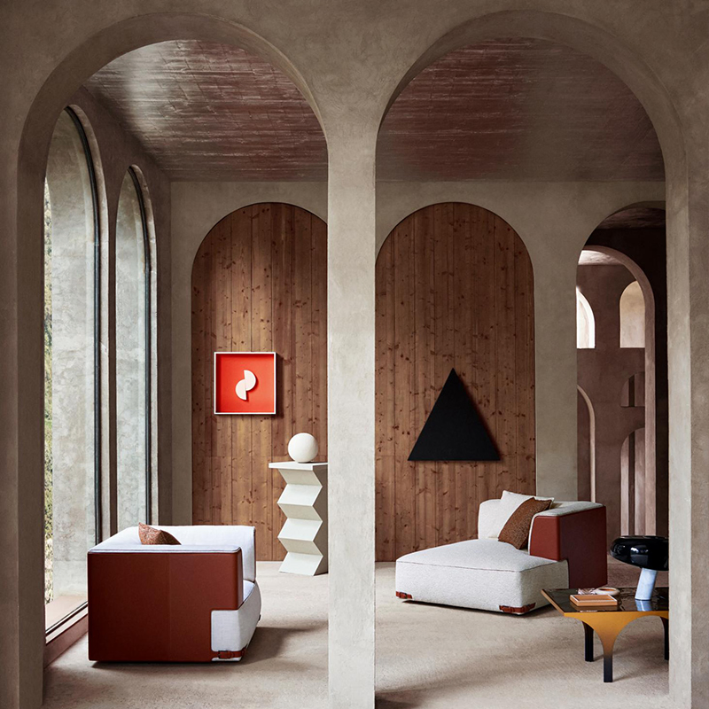 Panoramic Biophilic Low-Profile Chaise Sectional Natural Beige Fabric Taupe Accents Resort-Inspired Villas Sofa