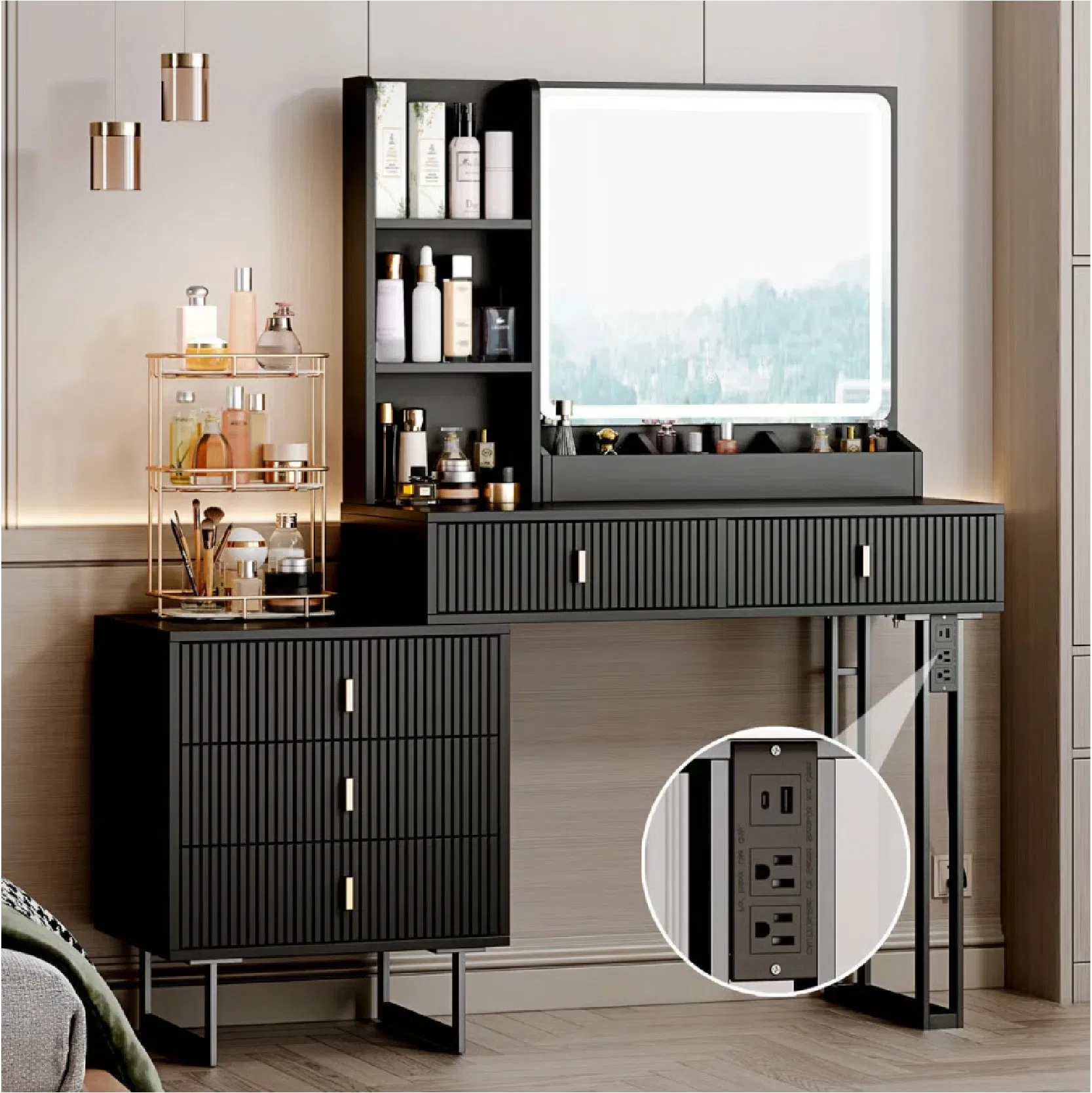 Luxury Bedroom Vanity Table &amp; Makeup Table with Makeup Mirror Dressing Table Dresser Large Mirror LED Light with Adjustable Brightness