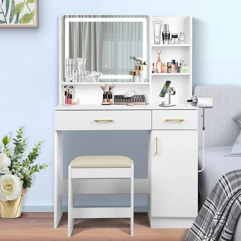 Wholesale Price Modern Vanity Set with LED Mirror and Stool, Suitable for Women Wooden Dressing Table