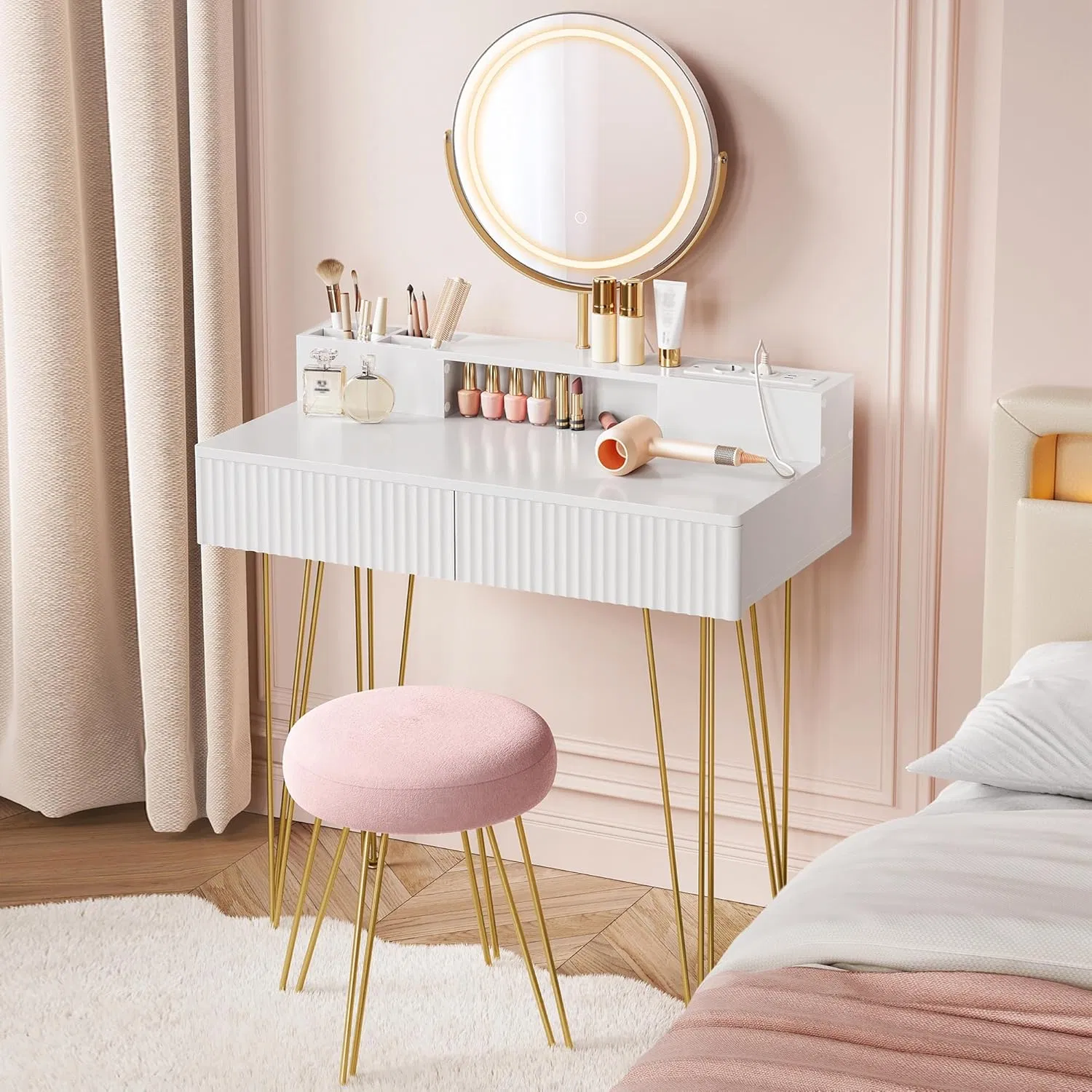 modern Vanity Desk Makeup Vanity Wide Vanity Table Dressing Table with Mirror and Lights for Bedroom