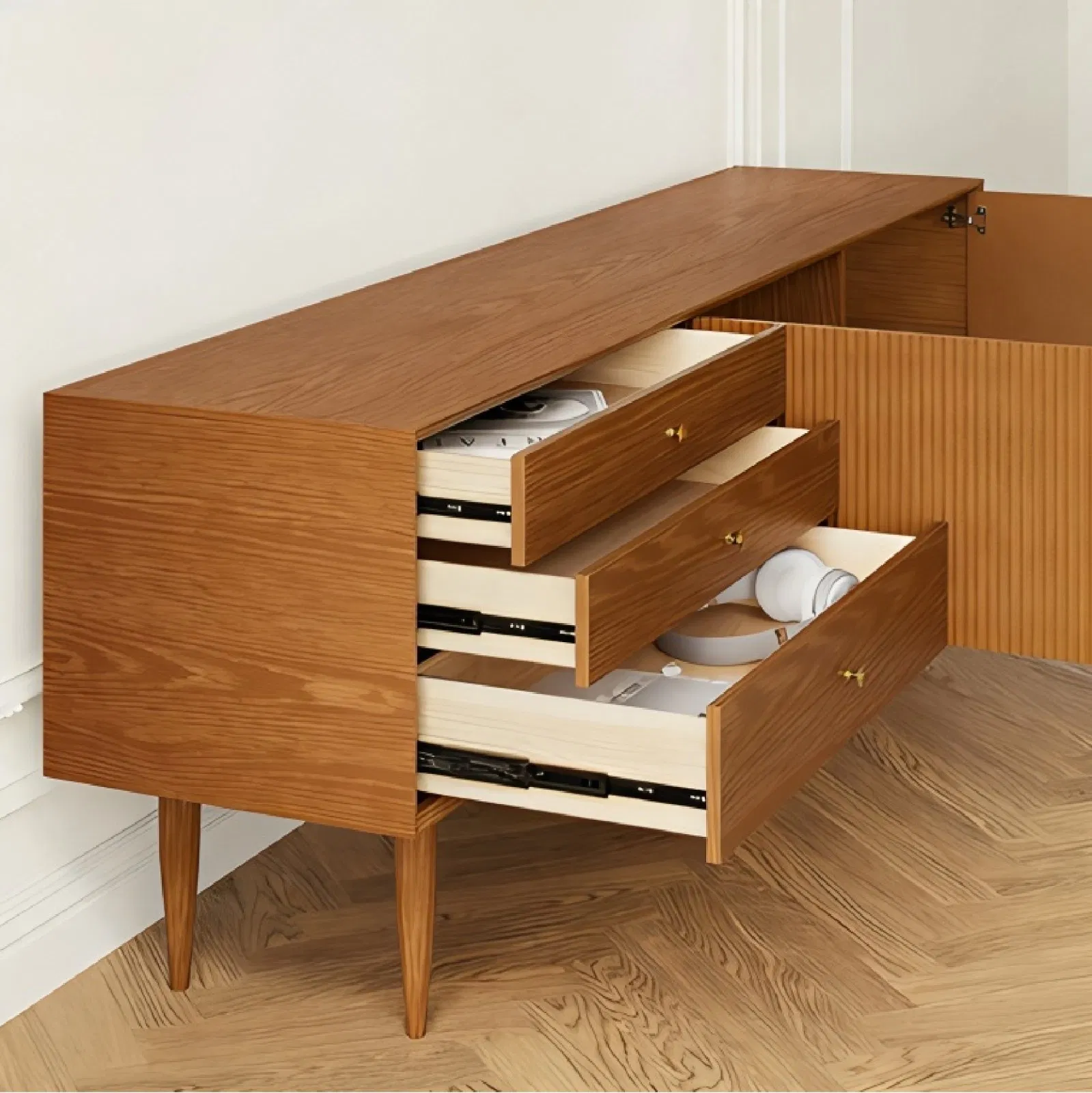 Modern MID-Century Living Room TV Stand Entertainment Center with Metal Knobs Grooved Doors