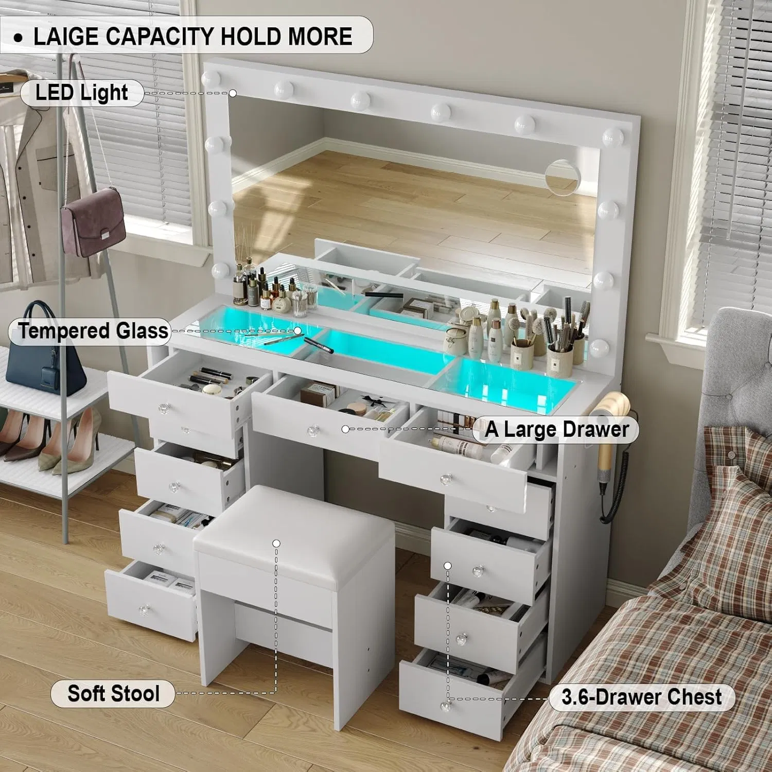 Modern White 11 Drawers RGB Lighting Glass Top Large Storage Makeup Vanity Dressing Table