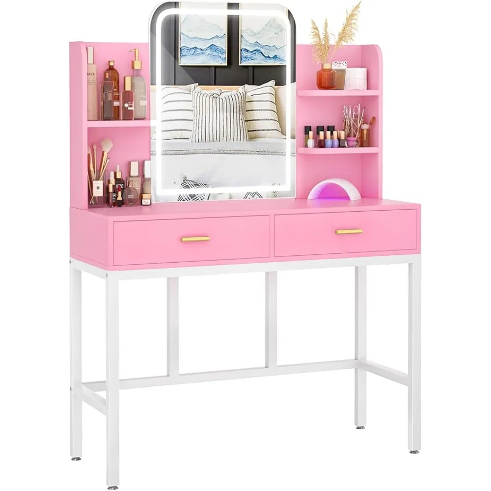 Simple Design Wood Dressing Table with Mirror and Padded Makeup Stool