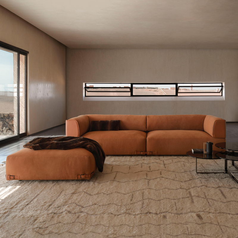 Panoramic Biophilic Low-Profile Chaise Sectional Natural Beige Fabric Taupe Accents Resort-Inspired Villas Sofa