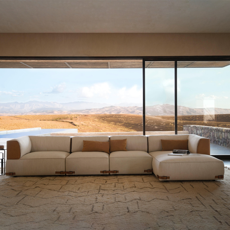 Panoramic Biophilic Low-Profile Chaise Sectional Natural Beige Fabric Taupe Accents Resort-Inspired Villas Sofa