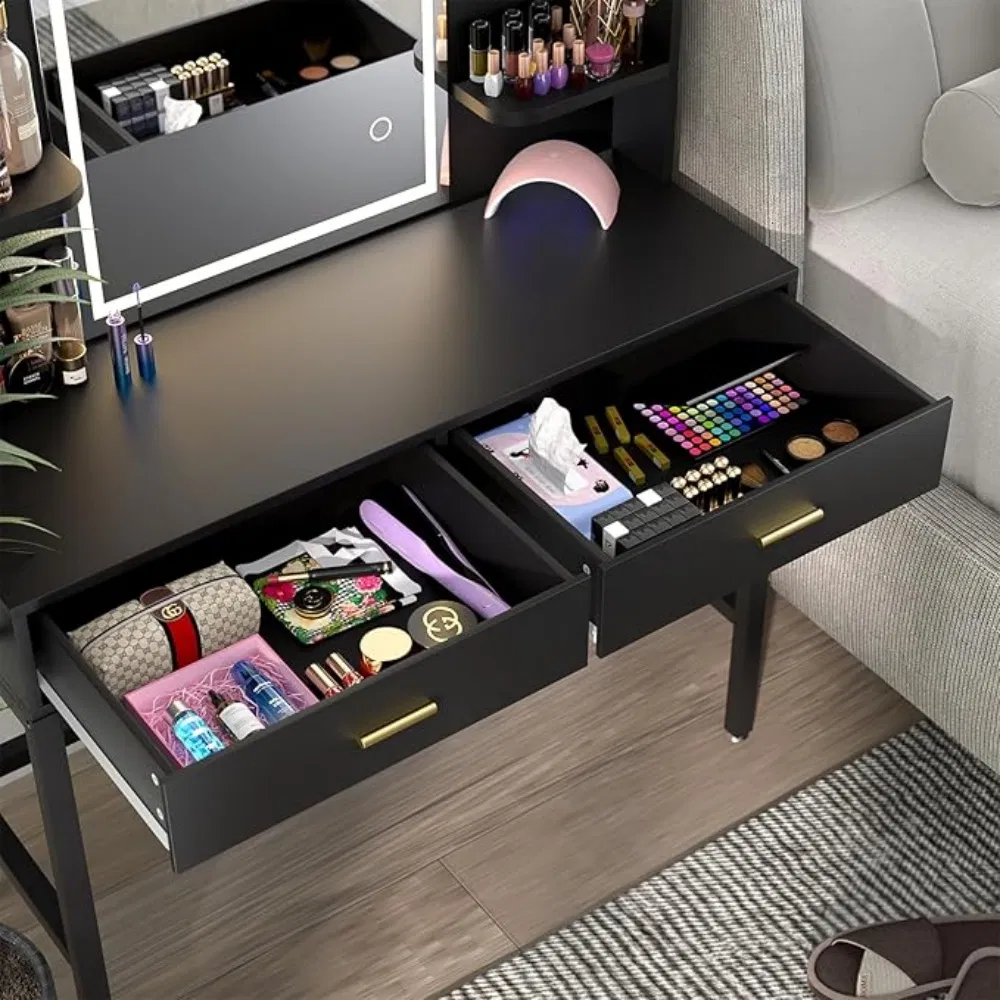 Simple Design Wood Dressing Table with Mirror and Padded Makeup Stool