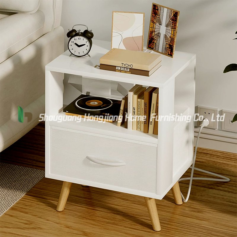 Minimalist White Wooden Nightstand with Hollow Backboard, Suitable for Bedroom &amp; Living Room