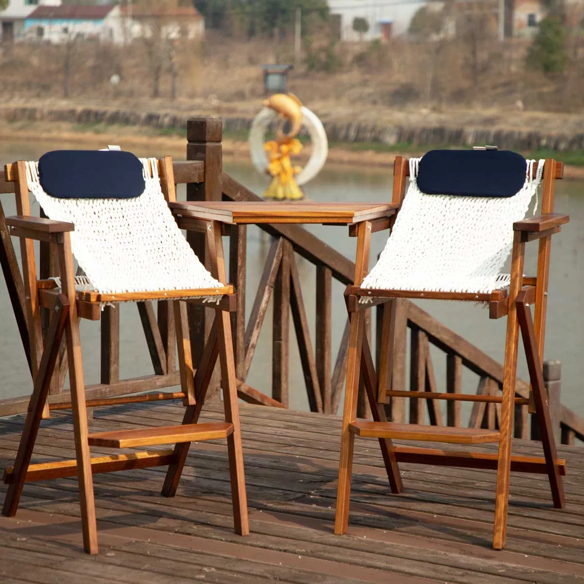 Combo Armrest Footrest Tete-a-Tete Table Garden Teak Rope Net Seat Folding Barstool